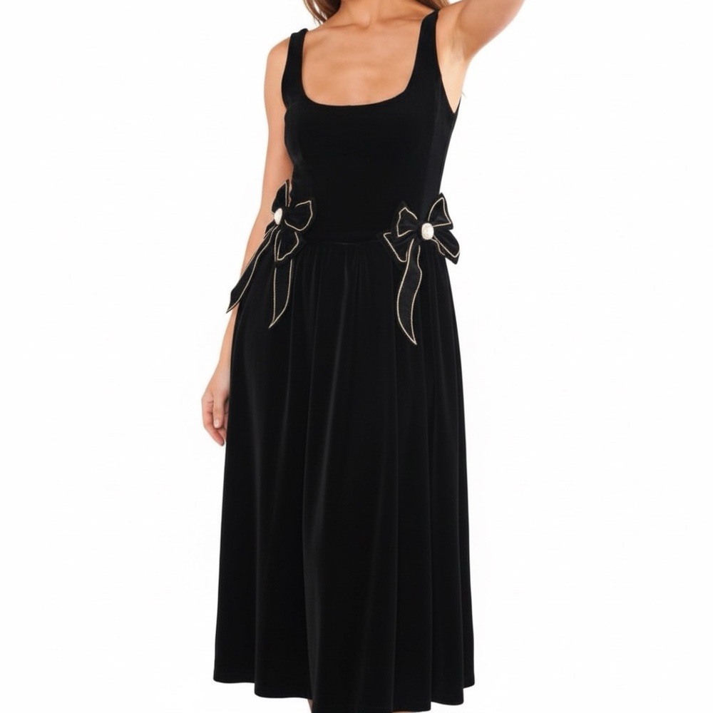 Women’s Black Velvet Dress with Bow Details, Pearls and Rhinestones